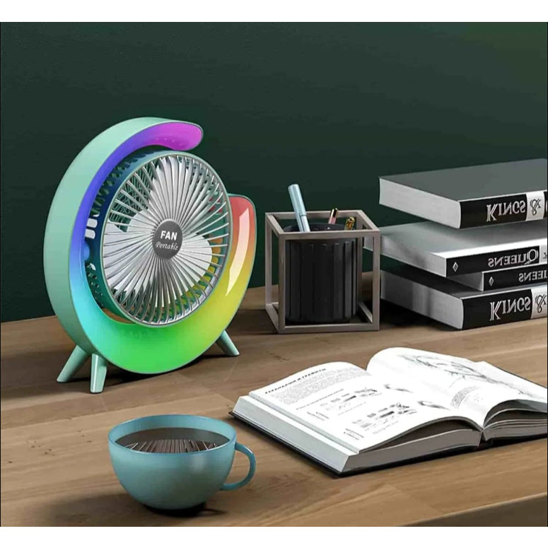 Ventilador de mesa portátil blanco con luz RGB